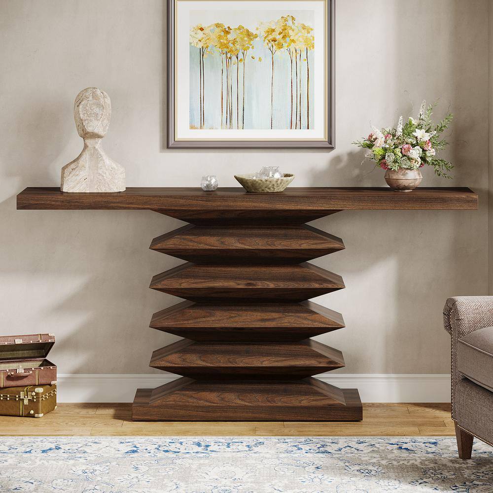 Benjamin 51 in. Brown Rectangle Wood Console Table Behind Sofa Entryway