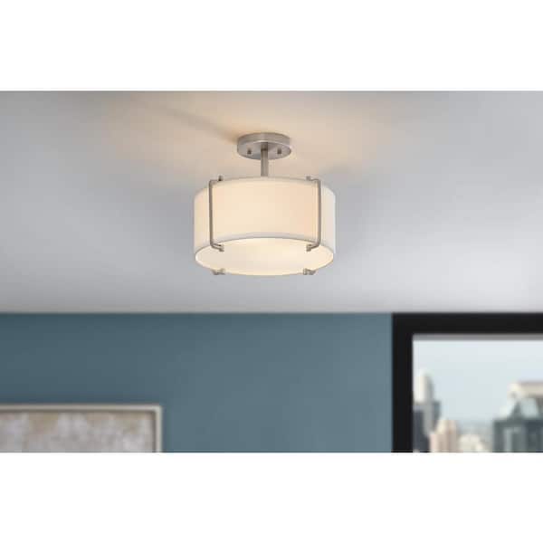 Home Decorators Collection Brookley 14 in. 2-Light Brushed Nickel Semi-Flush Mount with White Fabric Shade
