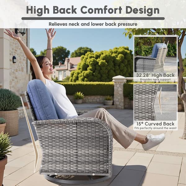 Meis Gray 5-Piece Wicker Patio Conversation Set with Denim Blue Cushions and Swivel Chairs