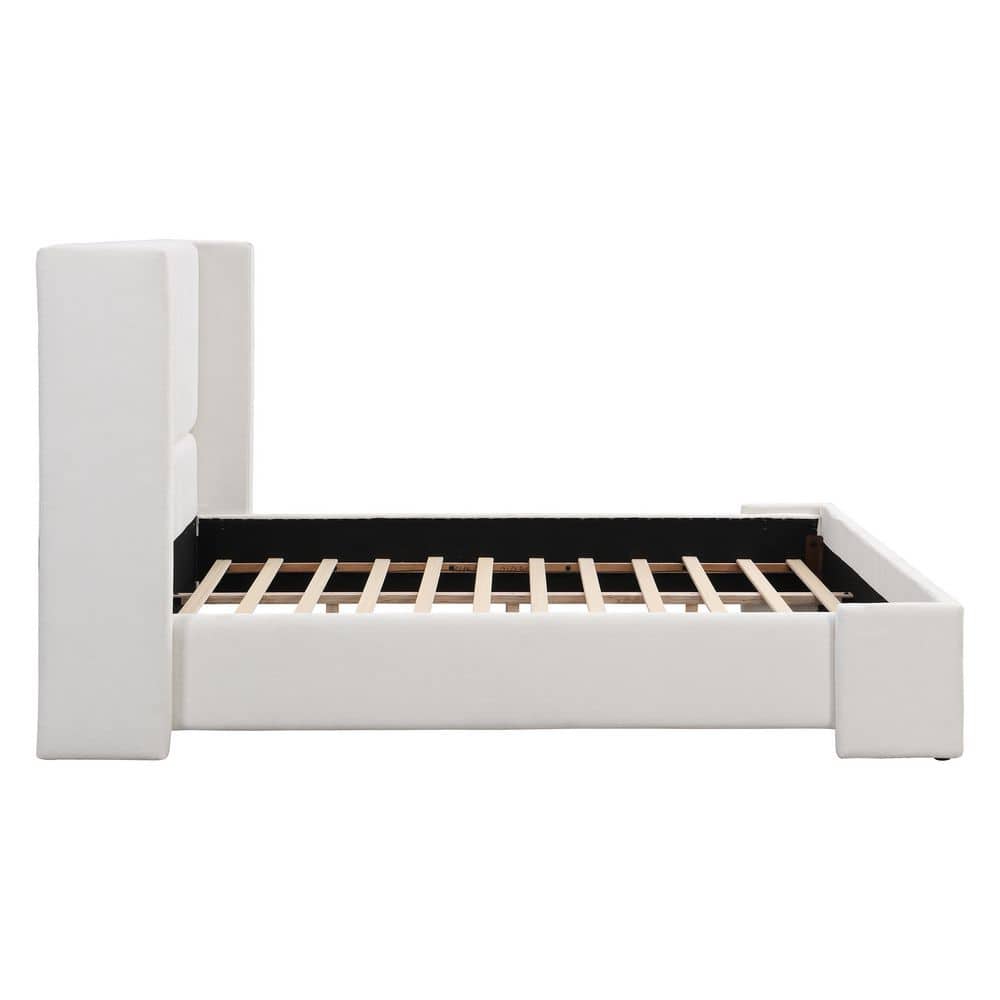 Elegant Modern White Fabric Upholstered Wood Frame King Size Platform Bed with Wingback Tall Headboard - thumbnail 9