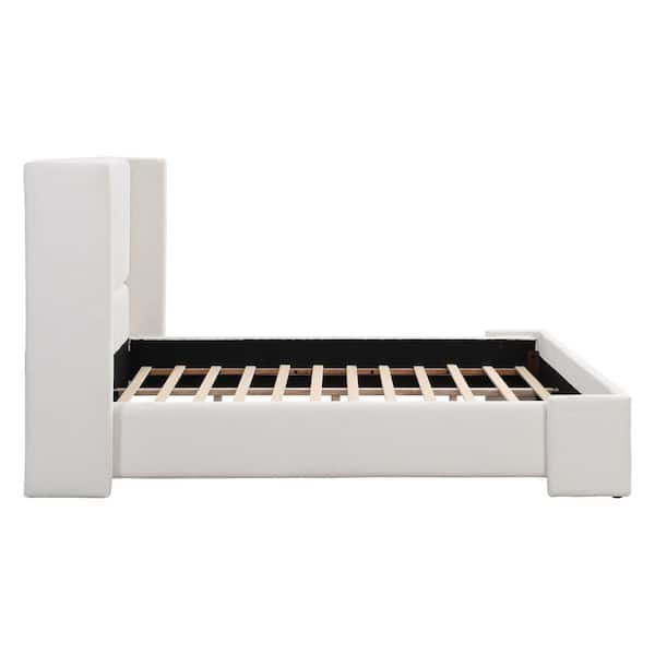 Elegant Modern White Fabric Upholstered Wood Frame King Size Platform Bed with Wingback Tall Headboard