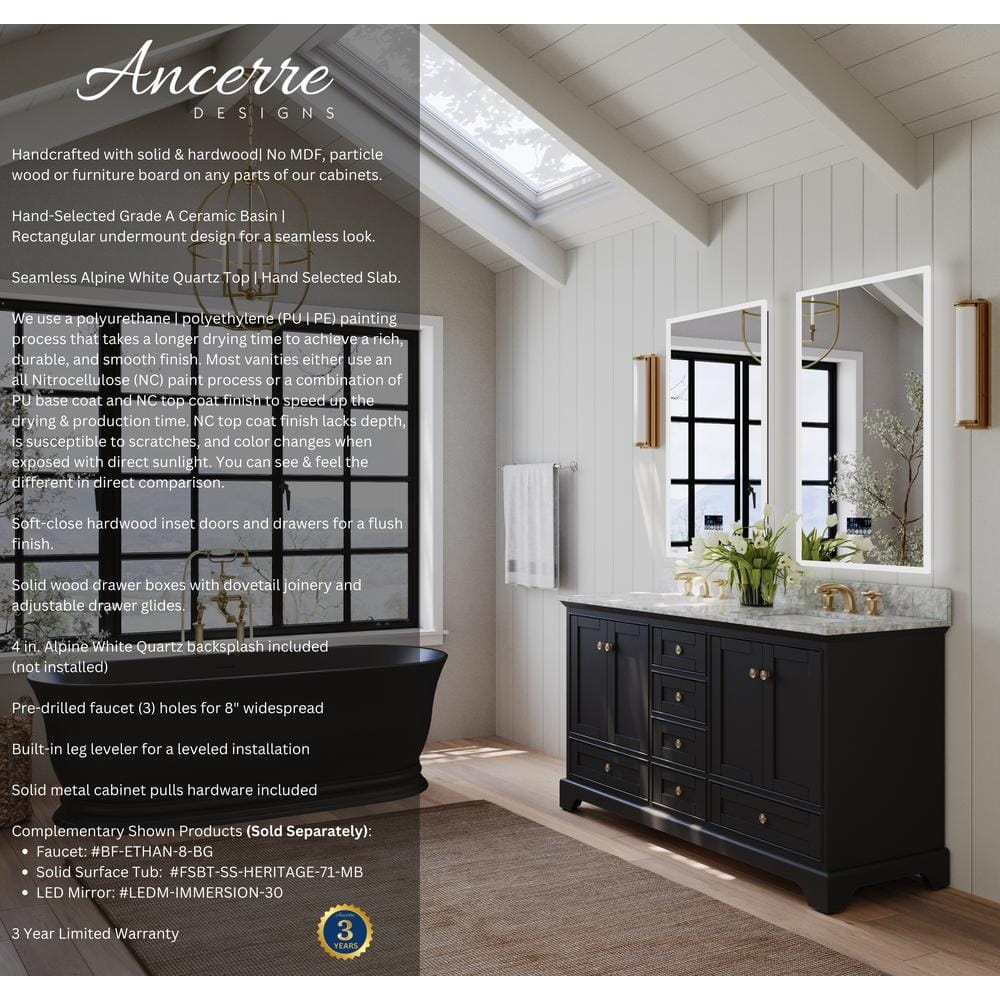 Audrey 60'' Black Onyx Double Bathroom Vanity with Marble Top