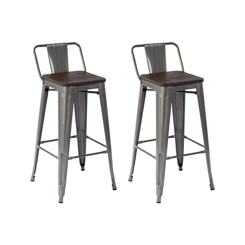 Homy Casa VUSTU 29 in. Kitchen Counter Height Silver Metal Bar Stools with square Wooden Seats