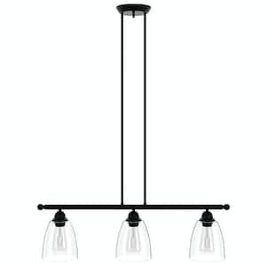 30 in. 3-Light Black Kitchen Island Linear Pendant Light Metal Farmhouse Chandeliers with Glass Shade