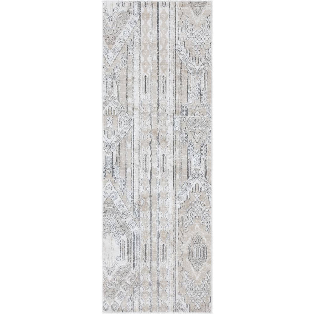 Ivory and Tan Geometric Indoor Runner Rug 2' 2" x 6' 1"