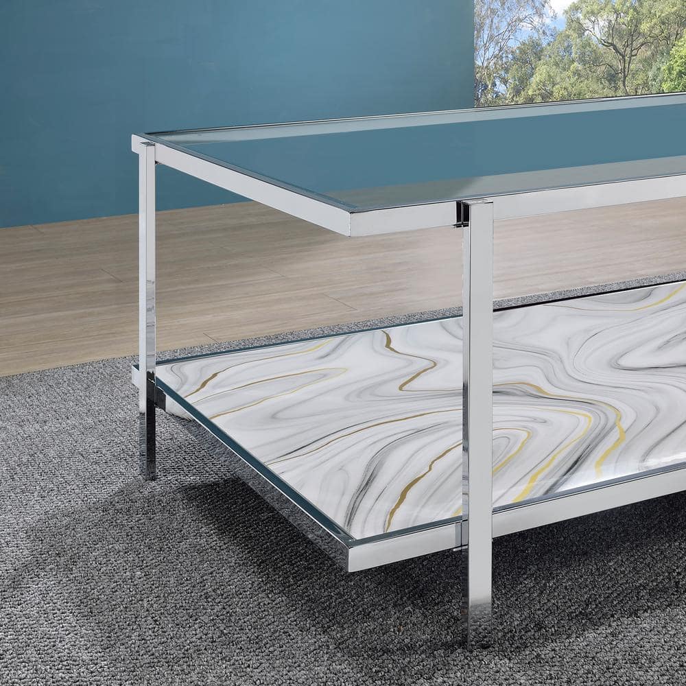 Mika 50" Rectangular Glass and Chrome Coffee Table with Faux-Stone Shelf