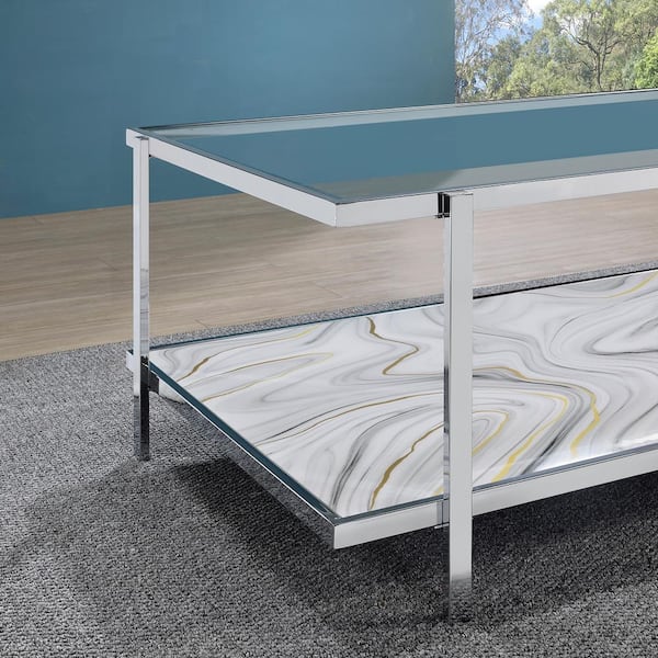 Steve Silver Mika 49 in. Glass and Marble Silver Rectangle Cocktail Coffee Table