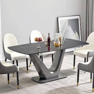 70.87 in. Black Sintered Stone Tabletop Gunmetal Gray Pedestal Leg Dining Table with Anti-Collision Arc Corner (Seats 6)
