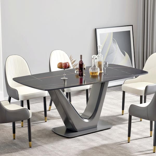 Magic Home 70.87 in. Black Sintered Stone Tabletop Gunmetal Gray Pedestal Leg Dining Table with Anti-Collision Arc Corner (Seats 6)