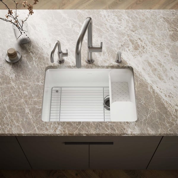 Riverby Workstation Undermount Cast Iron 27 in. 5-Hole Single Bowl Kitchen Sink in White with Included Accessories