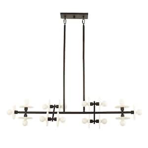 Amani 48 in. W x 10.13 in. H 14-Light Black Cashmere Mid-Century Modern Linear Chandelier with Alabaster Stone Discs