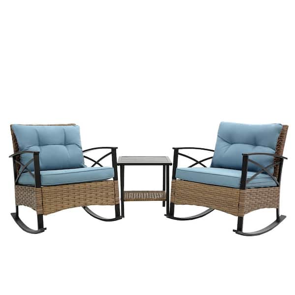 HOMEFUN 3-Piece Wicker Outdoor Rocking Chairs and Table Bistro Set with Blue Thick Cushions