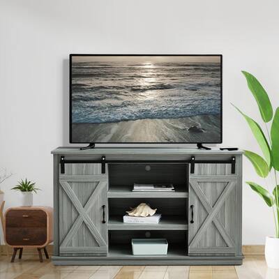 54 in. Oak Veneer TV Stand Cabinet Sideboard with Sliding Barn Doors Fits TV's Up to 60 in. with Ajustable Shelves