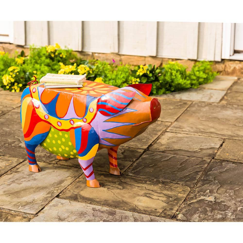 Colorful Folk Art Pig Metal Outdoor Side Table