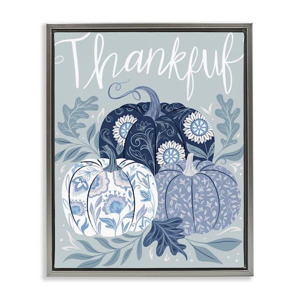 Stupell Industries Thankful Ornate Floral Pumpkins by Arrolynn Weiderhold Gray Floater Frame Nature Graphic Art Print 31 in. x 25 in.
