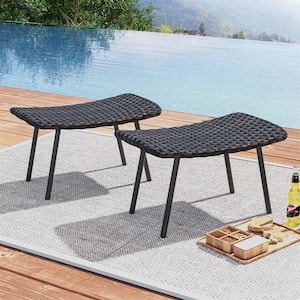 Brown Metal Outdoor Rattan Ottoman with Padded Quick Dry Foam 2-Pack