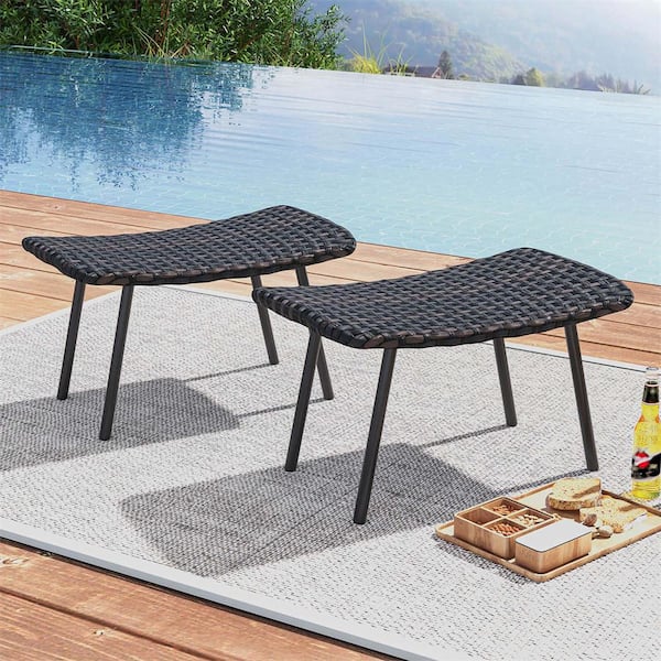 Costway Brown Metal Outdoor Rattan Ottoman with Padded Quick Dry Foam 2-Pack