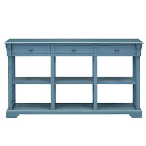 58.10 in. W x 14.20 in. D x 32.30 in. H Navy Blue Linen Cabinet Console Table with Open Shelves and Drawers