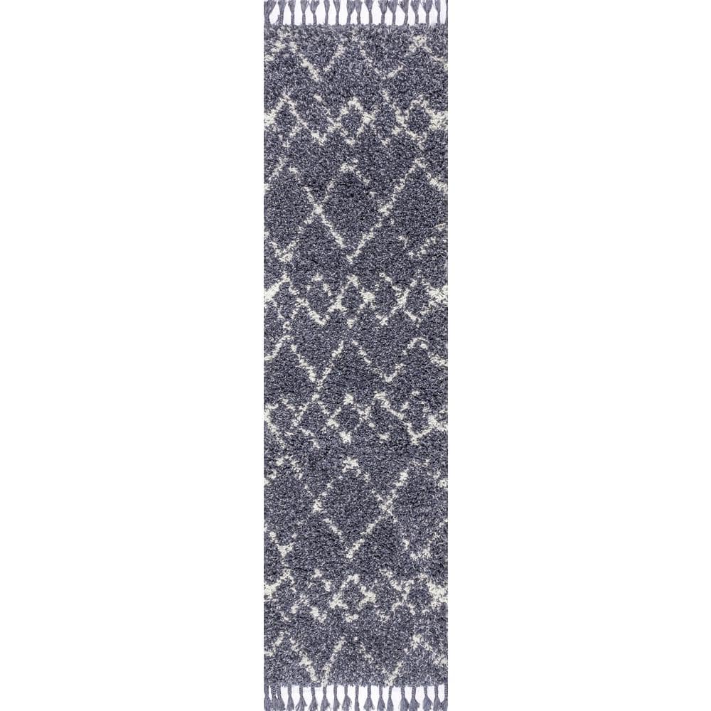 Blue/Cream Moroccan Tribal Geometric Trellis Synthetic Shag Rug