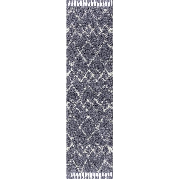 Mercer Shag Plush Tassel Moroccan Tribal Geometric Trellis Denim Blue/Cream 2 ft. x 8 ft. Runner Rug