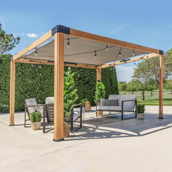 Brendan 10 ft. x 12 ft. Light Brown Cedar Wood Patio Pergola with Sun Shade Sail Screen Canopy and PowerPort