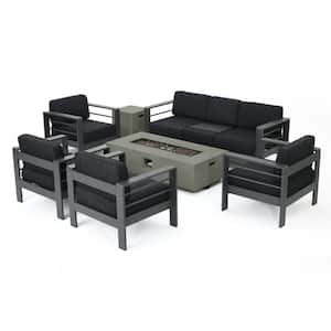 Cape Coral Grey 7-Piece Aluminum Outdoor Patio Fire Pit Seating Set with Light Grey Cushions