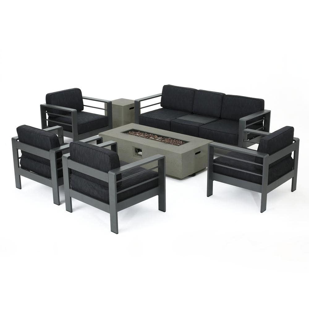 Noble House Cape Coral Grey 7Piece Aluminum Patio Fire Pit Seating Set