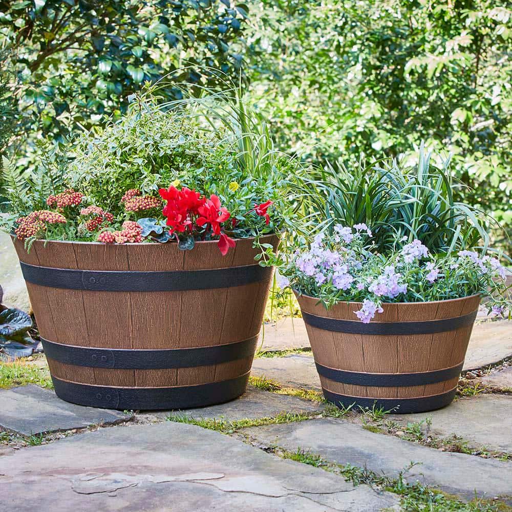 Natural Oak Resin Whiskey Barrel Outdoor Planter with Drainage Hole