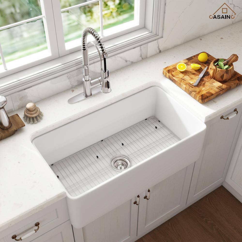 White Fireclay Single Bowl Farmhouse Sink with Brushed Nickel Faucet