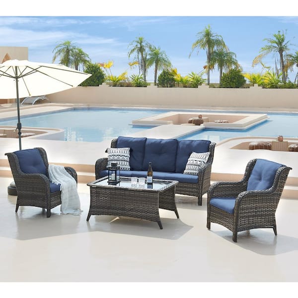 Gymojoy Carolina 4-Piece Gray Wicker Patio Outdoor Conversation Set with Blue Cushions