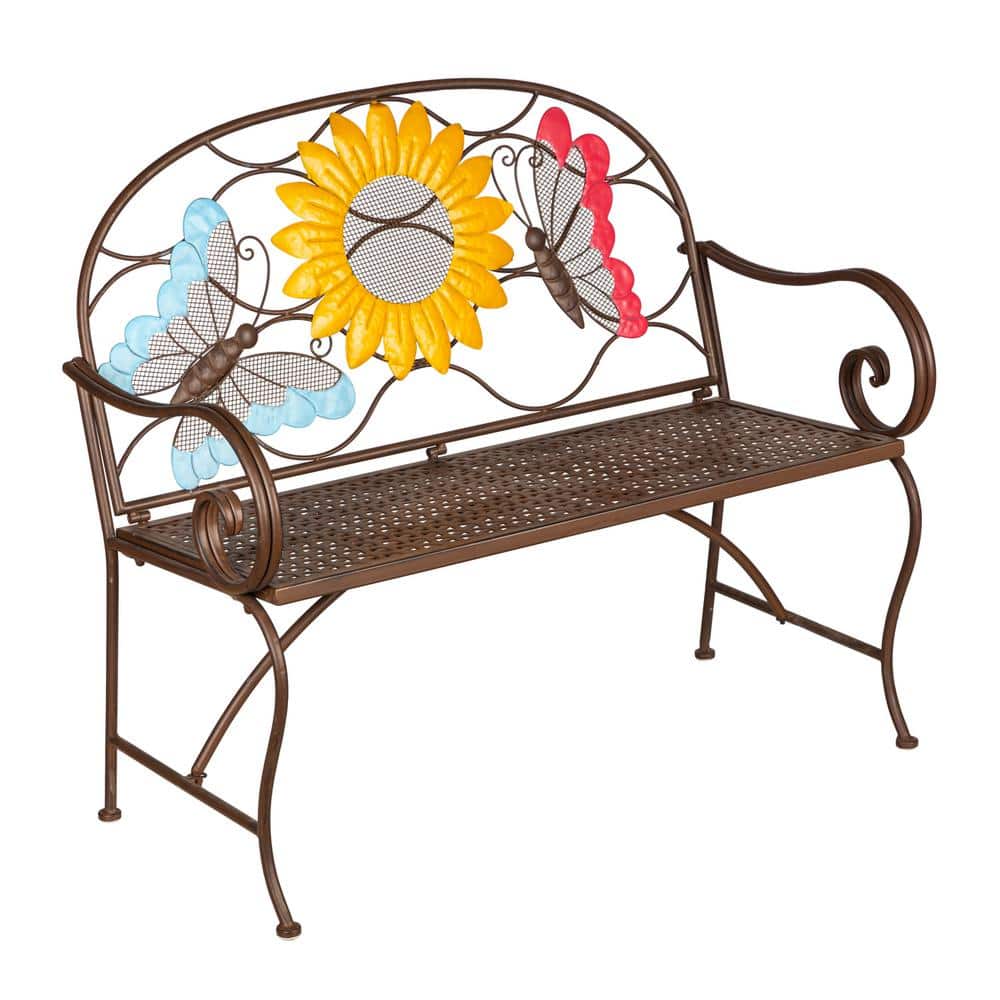 Evergreen 44 in. Metal Outdoor Sunflower with Butterflies Garden Bench