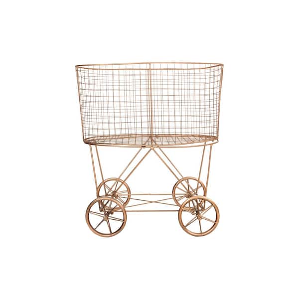 Storied Home Copper Metal Vintage Rolling Laundry Basket with Wheels