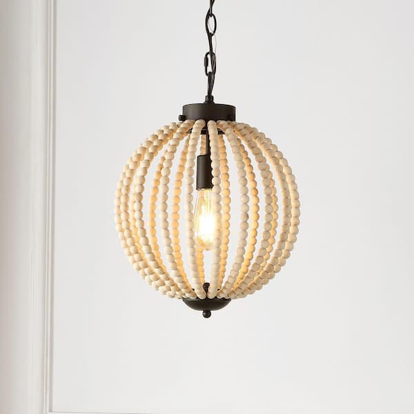 JONATHAN Y Abril 12.5 in. 1-Light Oil Rubbed Bronze/Brown Rustic Bohemian Iron/Wood Bead LED Cage Pendant
