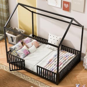 Black Metal Frame Full Size House Platform Bed, Floor Bed with Full-Length Fence Guardrails and Door