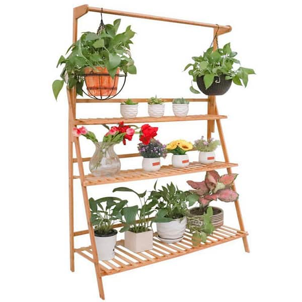 AESOME 56.8 in. x 39.3 in. Bamboo Hanging Plant Stand 3-Tier Ladder ...