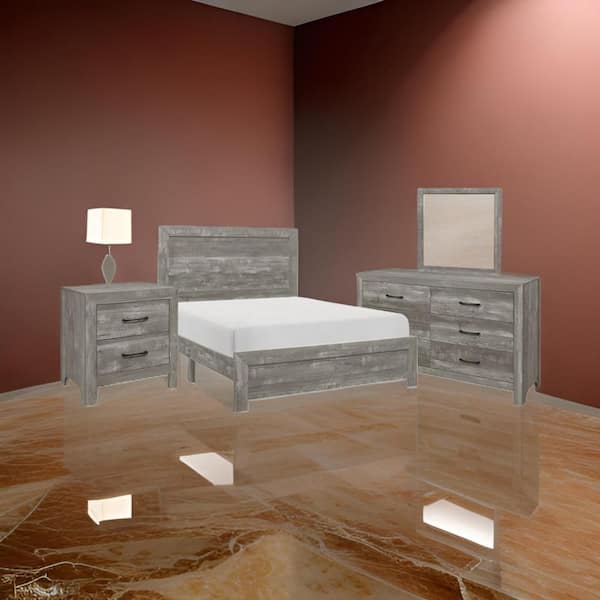 Benjara Eb 4-Piece Gray and Black Engineered Wood Queen Size Bedroom Set with Farmhouse Style