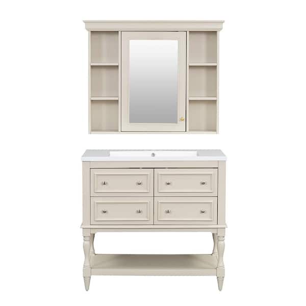 36 in. Freestanding Bath Vanity Cabinet Set in Beige with White Resin Sink Top, 4-Drawers, Medicine Cabinet with Mirror