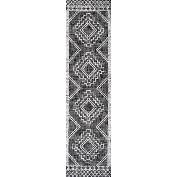 Marokko Black/Ivory 2 ft. x 10 ft. Diamond Tribal Medallion Indoor/Outdoor Area Rug