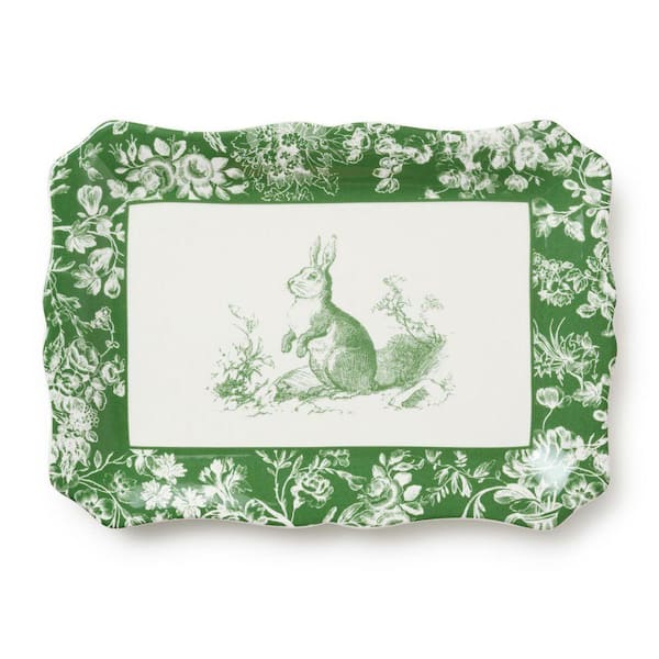 Le Jardin 13.75 in. x 9.75 in. Rectangular Green and White Stoneware Platter
