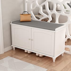 20.8in. Hx35.8in. W, 8-Pair White Wooden Shoes Storage Cabinet with Adjustable Shelves and Cushion