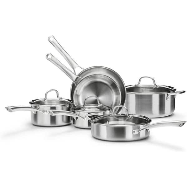 Silver 10 Piece Stainless Steel Cookware Set, Tri-Ply PFOA Free All Stove Compatible Kitchen Pots and Pans Set