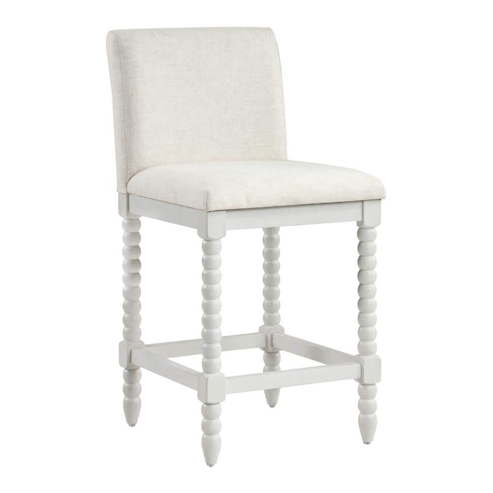 Antique White Wood Spindle Counter Stool with Linen Seat