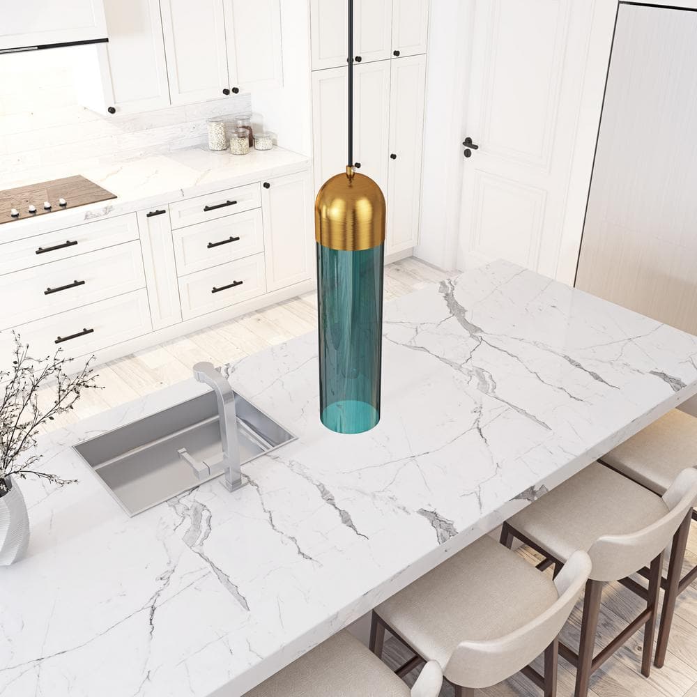 Modern Green Glass Cylinder Pendant Light with Gold Finish