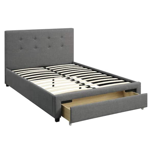 Benjara 82 in. x 62 in. Gray Upholstered Wooden Queen Bed with Button Tufted Headboard and Lower Storage Drawer