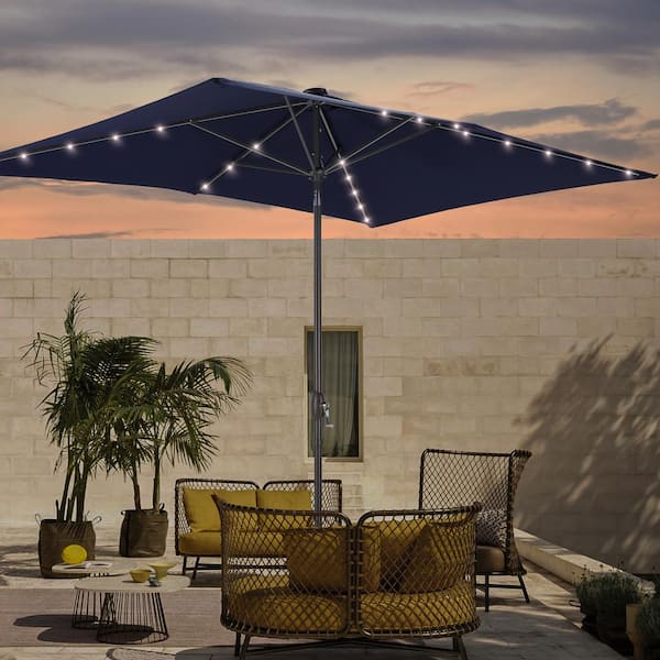 JOYESERY 6 ft. x 9 ft. Rectangular Market Umbrella Solar LED with Tilt Function Patio Market Umbrella in Navy Blue