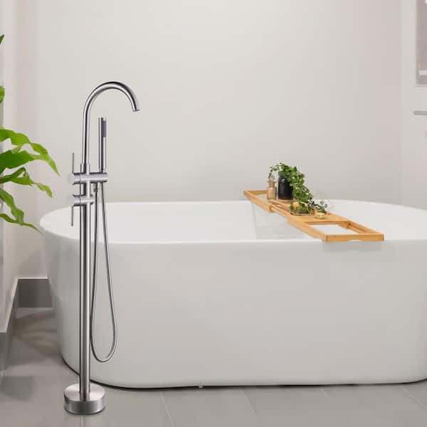 3.3 GPM Double Handle Gooseneck Floor Mounted Free Standing Tub Filler Faucets with Shower in Brushed Nickel