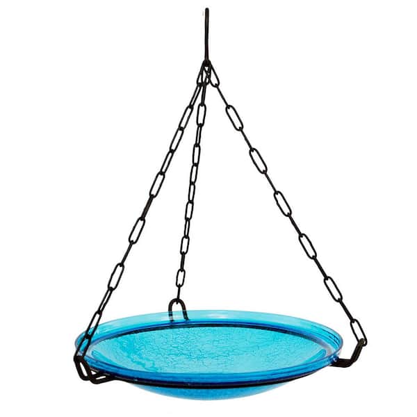 Reflective Crackle Glass Hanging Birdbath Bowl 14 in. Dia Teal Blue