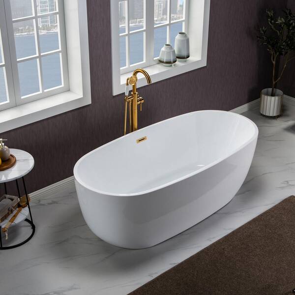 Belleville 67 in. Acrylic FlatBottom Double Ended Bathtub with Brushed Gold Overflow and Drain Included in White