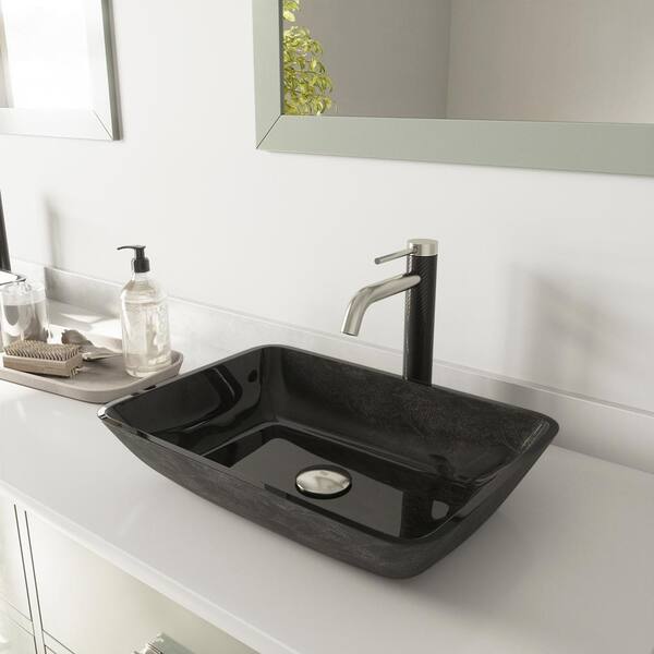 VIGO Glass Rectangular Vessel Bathroom Sink in Onyx Gray with Lexington Faucet and Pop-Up Drain in Brushed Nickel