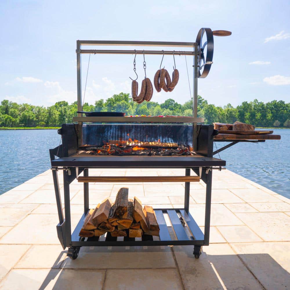Argentine Black Steel BBQ Grill with Acacia Wood Side Table